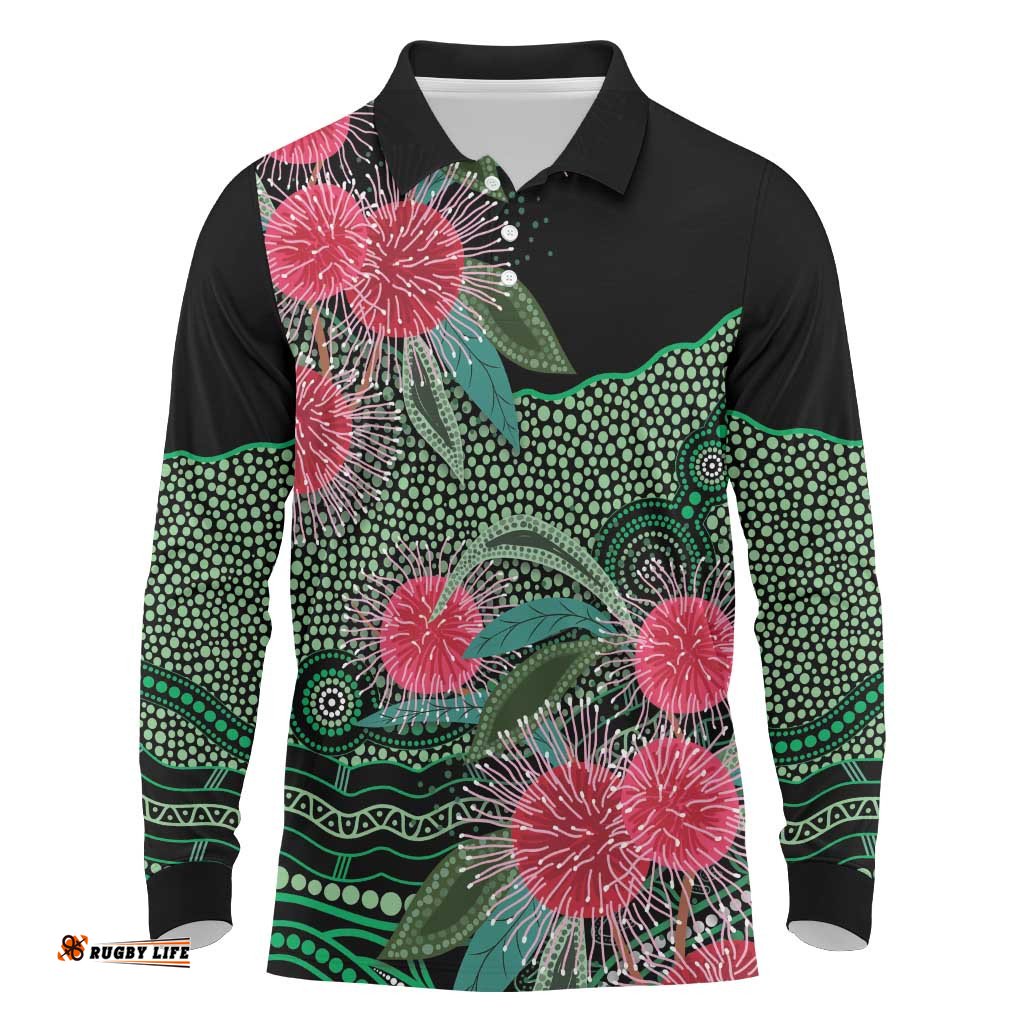Australia Hakea Long Sleeve Polo Shirt Aussie Native Flowers Indigenous Art LT14
