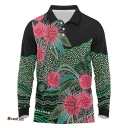 Australia Hakea Long Sleeve Polo Shirt Aussie Native Flowers Indigenous Art LT14