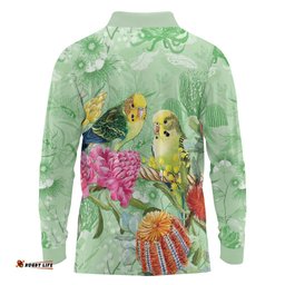 Birds and Floral Aussie Budgerigars Long Sleeve Polo Shirt Mint Opal LT7