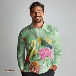 Birds and Floral Aussie Budgerigars Long Sleeve Polo Shirt Mint Opal LT7