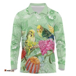 Birds and Floral Aussie Budgerigars Long Sleeve Polo Shirt Mint Opal LT7