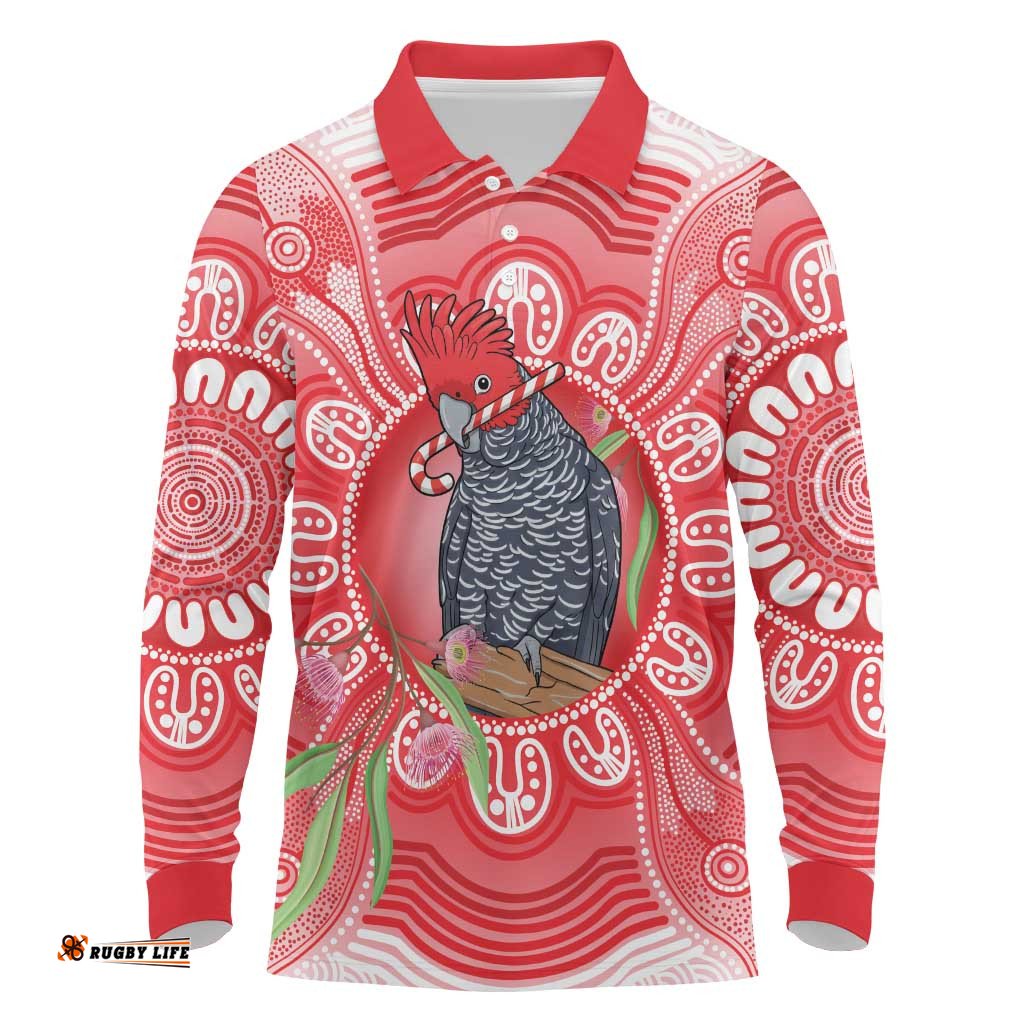 Australia Gang-gang Cockatoo Christmas Long Sleeve Polo Shirt Eucalyptus Blossoms Aboriginal Merry Xmas LT14
