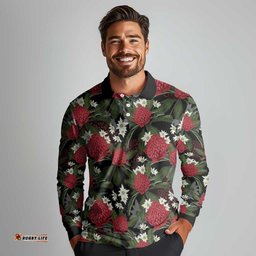 Australia Waratah Flannel Flower Long Sleeve Polo Shirt Aussie Native Flowers Seamless Stylized LT14