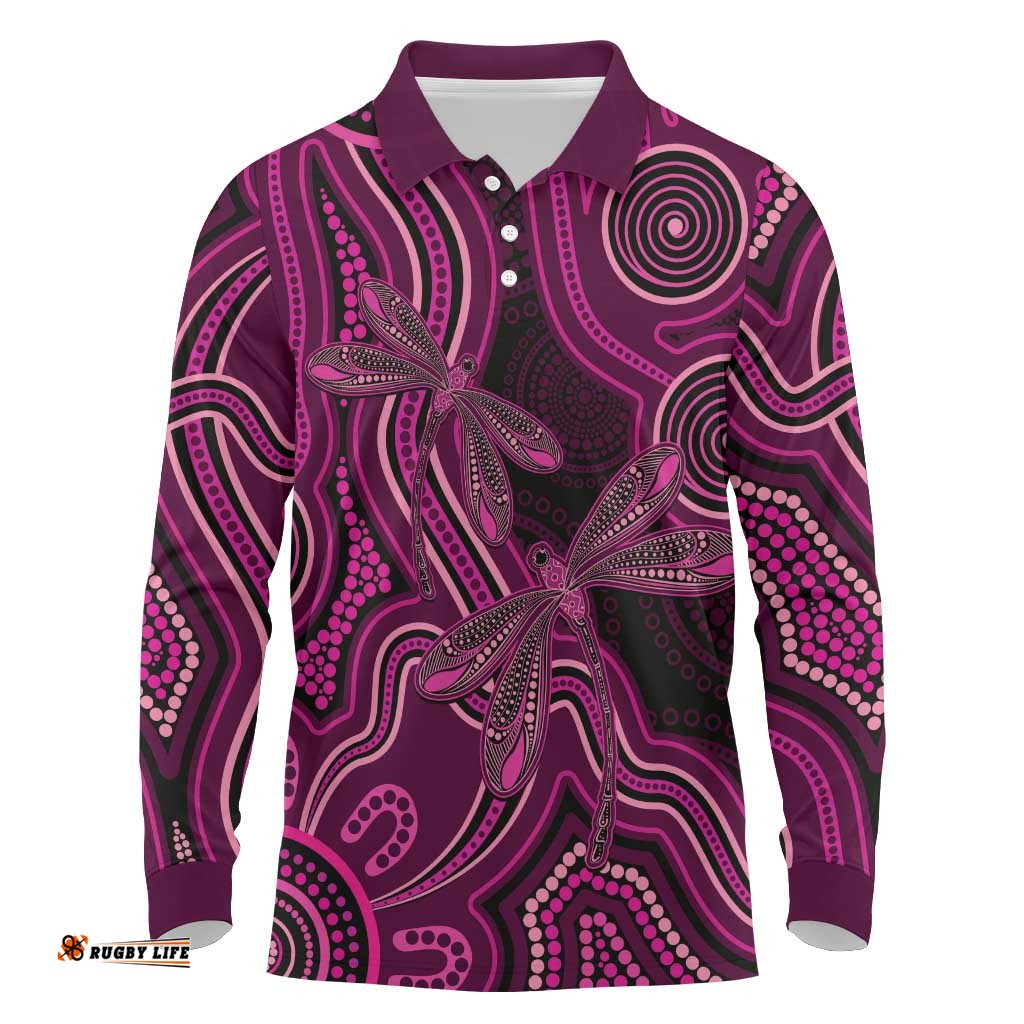Australia Breast Cancer Awareness Long Sleeve Polo Shirt Pink Dragonflies Aboriginal Art LT14