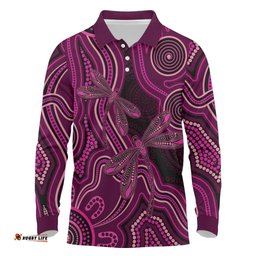 Australia Breast Cancer Awareness Long Sleeve Polo Shirt Pink Dragonflies Aboriginal Art LT14