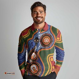 Australia NAIDOC Week 2026 Long Sleeve Polo Shirt 50 Years of Deadly Dhari Snake Aboriginal Art LT14
