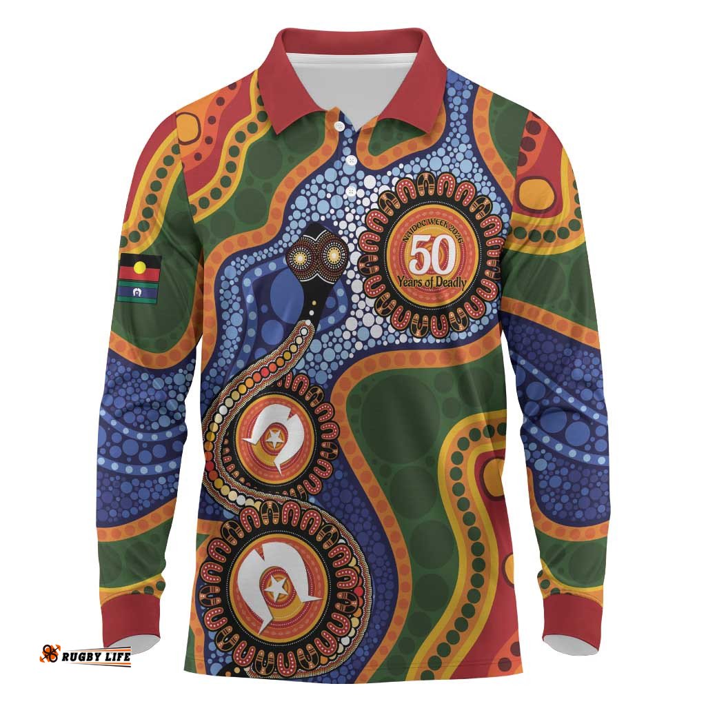 Australia NAIDOC Week 2026 Long Sleeve Polo Shirt 50 Years of Deadly Dhari Snake Aboriginal Art LT14