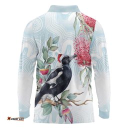 Australia Magpie Christmas Long Sleeve Polo Shirt Eucalyptus Aboriginal Watercolor Stylized LT14
