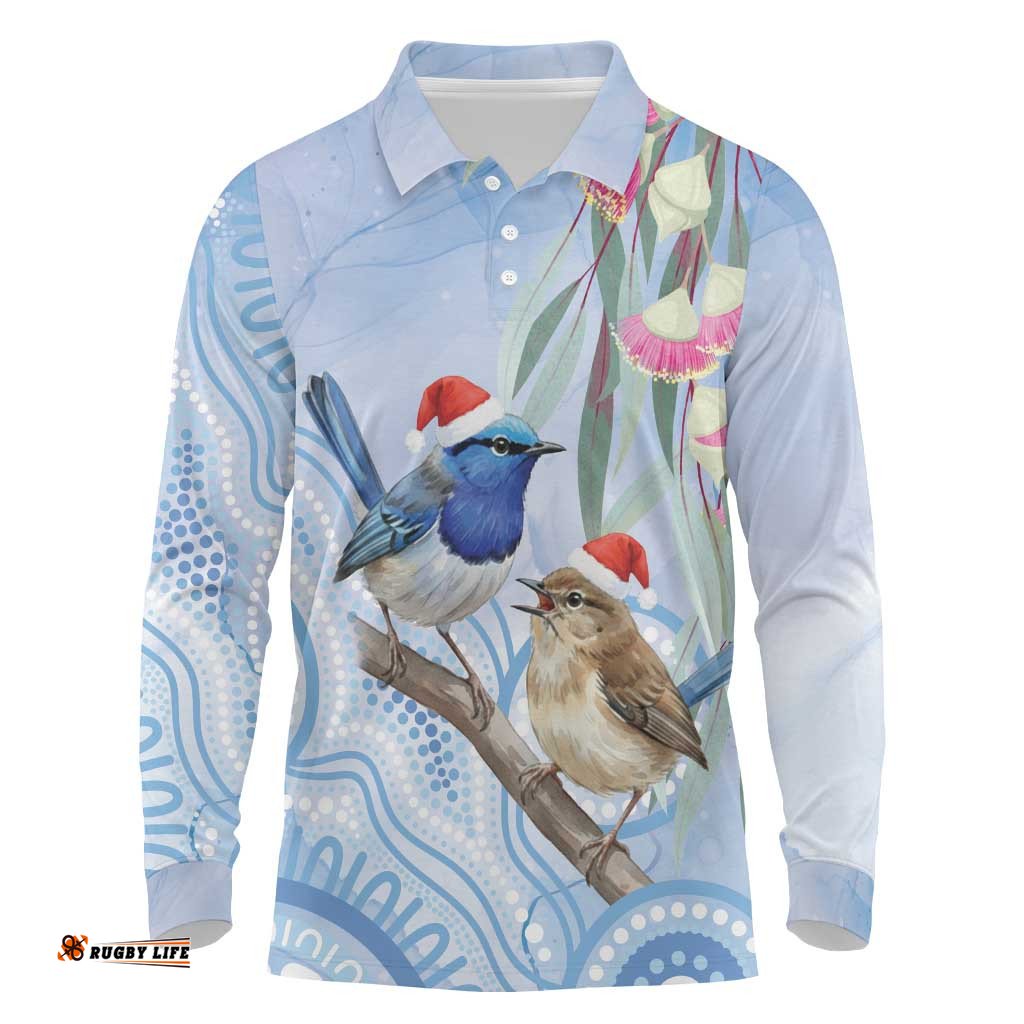 Australia Superb Fairywren Christmas Long Sleeve Polo Shirt Aboriginal Eucalyptus Blossoms Watercolor LT14