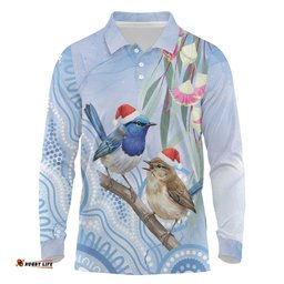 Australia Superb Fairywren Christmas Long Sleeve Polo Shirt Aboriginal Eucalyptus Blossoms Watercolor LT14