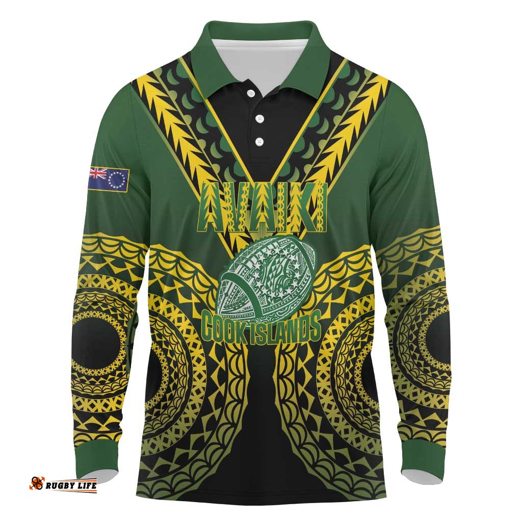 Custom Avaiki Cook Islands Rugby Long Sleeve Polo Shirt Kuki Airani Tatau Black LT14