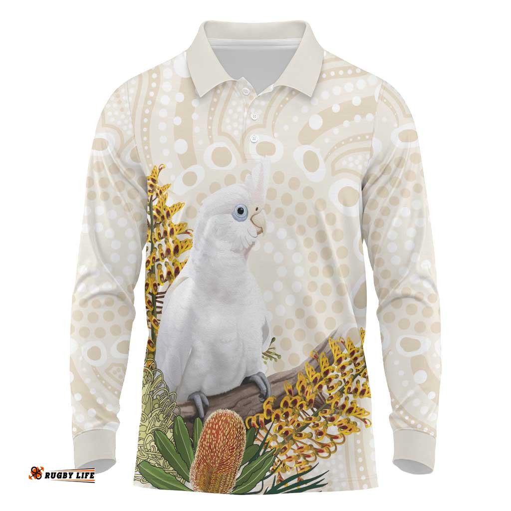 Australia Little Corella Long Sleeve Polo Shirt Cacatua Sanguinea Western Grevillea Aboriginal Art LT14