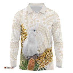 Australia Little Corella Long Sleeve Polo Shirt Cacatua Sanguinea Western Grevillea Aboriginal Art LT14