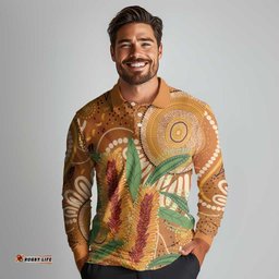 Australia Bottlebrush Long Sleeve Polo Shirt Callistemon Aussie Native Flowers Indigenous Art LT14