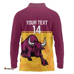 Custom Australia Queensland Cricket Long Sleeve Polo Shirt Go Bulls - Aboriginal Art LT14
