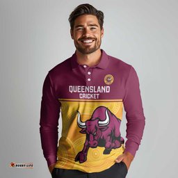 Custom Australia Queensland Cricket Long Sleeve Polo Shirt Go Bulls - Aboriginal Art LT14