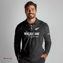 Custom Football New Zealand Long Sleeve Polo Shirt Aotearoa United Black Version LT01