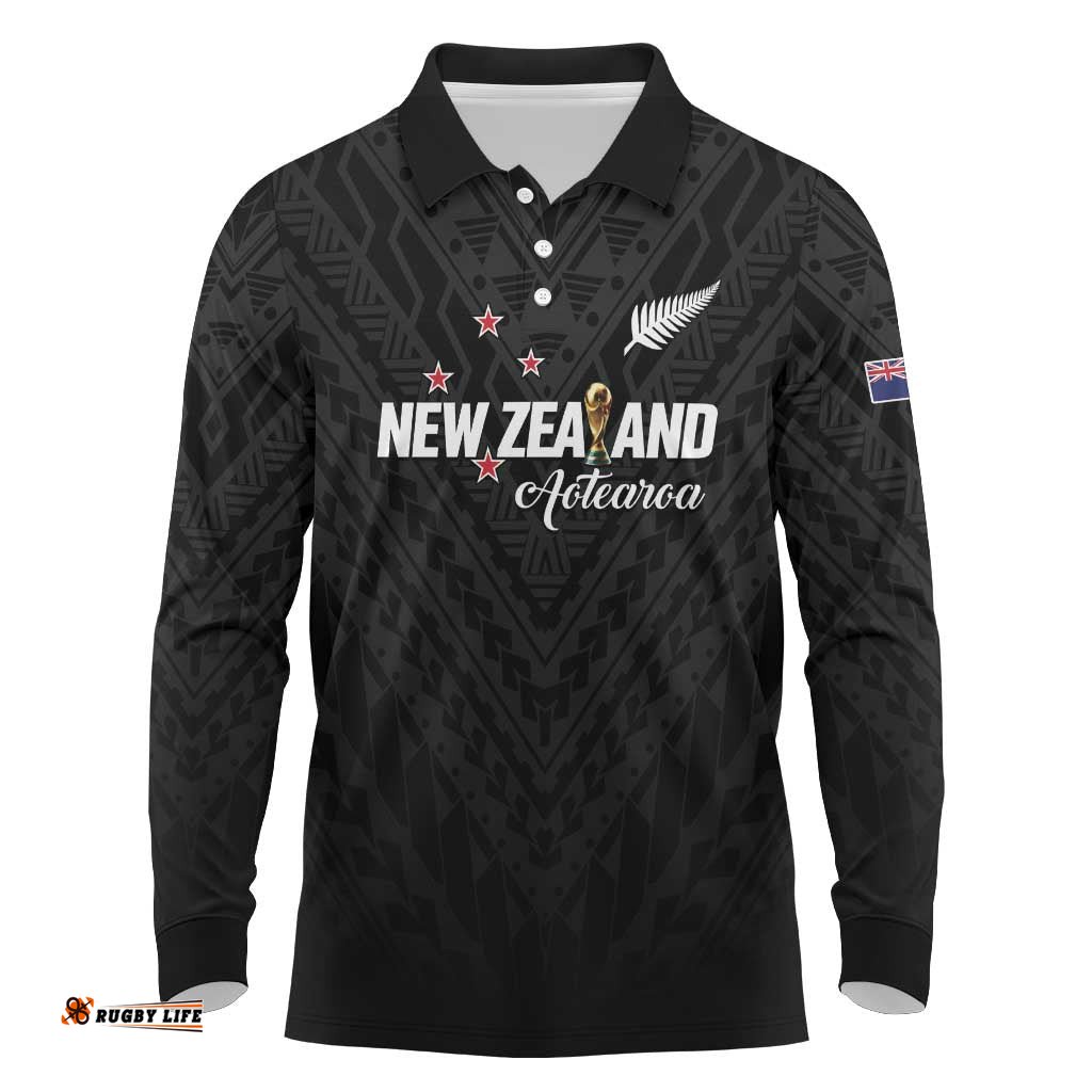 Custom Football New Zealand Long Sleeve Polo Shirt Aotearoa United Black Version LT01