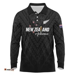 Custom Football New Zealand Long Sleeve Polo Shirt Aotearoa United Black Version LT01