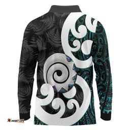Aotearoa Koru Long Sleeve Polo Shirt Cyan Maori Paua Shell Mix Silver Fern LT14