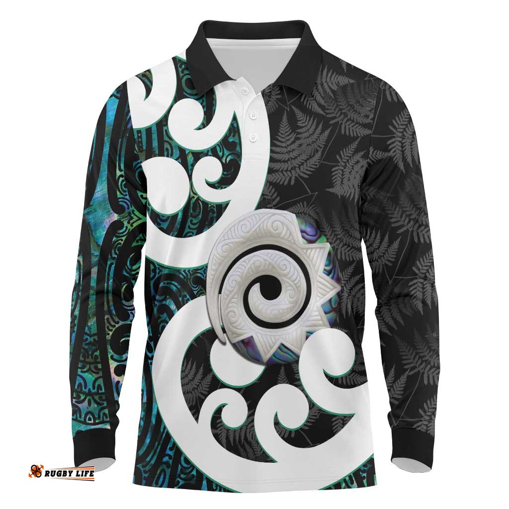 Aotearoa Koru Long Sleeve Polo Shirt Cyan Maori Paua Shell Mix Silver Fern LT14