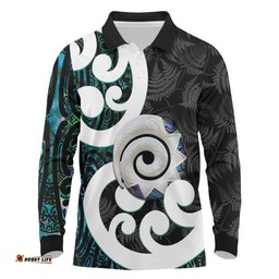 Aotearoa Koru Long Sleeve Polo Shirt Cyan Maori Paua Shell Mix Silver Fern LT14