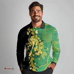 Australia Golden Wattle Long Sleeve Polo Shirt Aussie Native Flowers Indigenous Art LT14