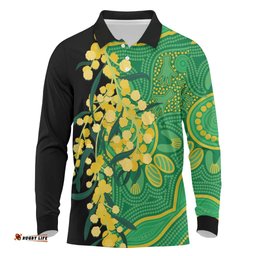 Australia Golden Wattle Long Sleeve Polo Shirt Aussie Native Flowers Indigenous Art LT14