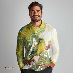 Australia Rock Parrot Long Sleeve Polo Shirt Kangaroo Paws Indigenous Art LT14