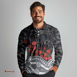 Carlton Blues ANZAC Day Long Sleeve Polo Shirt Indigenous Dot Art with Poppy Flower Tribute TS04