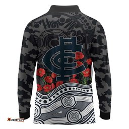 Carlton Blues ANZAC Day Long Sleeve Polo Shirt Indigenous Dot Art with Poppy Flower Tribute TS04
