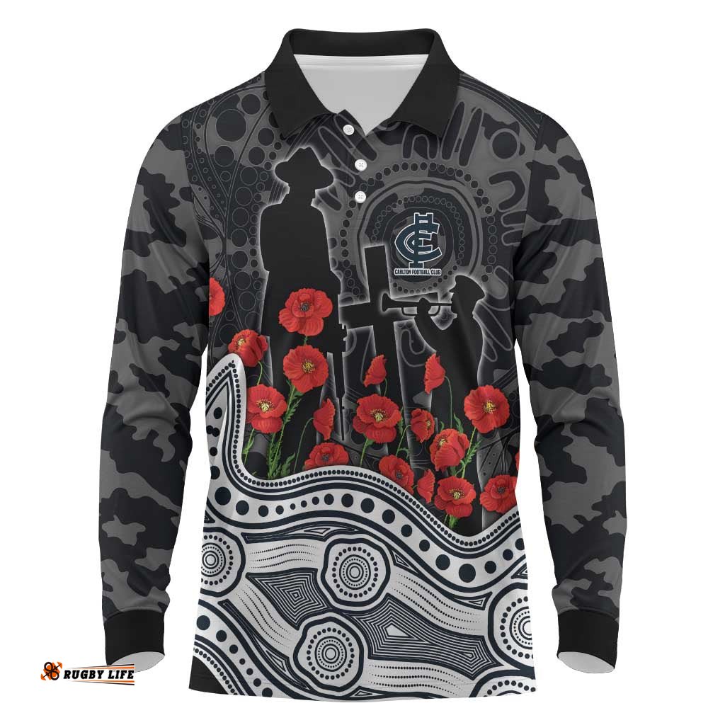 Carlton Blues ANZAC Day Long Sleeve Polo Shirt Indigenous Dot Art with Poppy Flower Tribute TS04