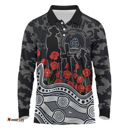 Carlton Blues ANZAC Day Long Sleeve Polo Shirt Indigenous Dot Art with Poppy Flower Tribute TS04