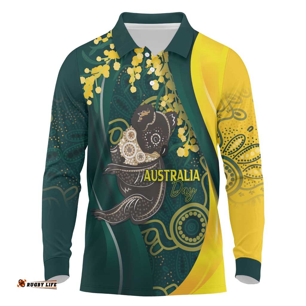 Australia Day Long Sleeve Polo Shirt Koala Aboriginal Art LT7