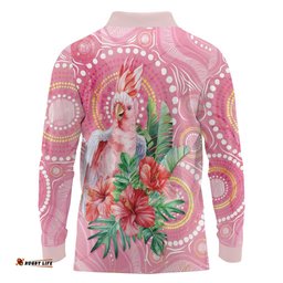 Breast Cancer Pink Cockatoo Long Sleeve Polo Shirt Australia Indigenous Watercolor Glaze LT7