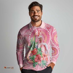 Breast Cancer Pink Cockatoo Long Sleeve Polo Shirt Australia Indigenous Watercolor Glaze LT7