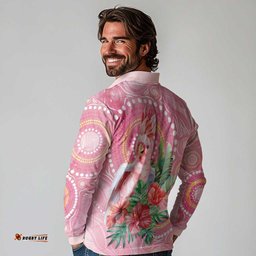 Breast Cancer Pink Cockatoo Long Sleeve Polo Shirt Australia Indigenous Watercolor Glaze LT7
