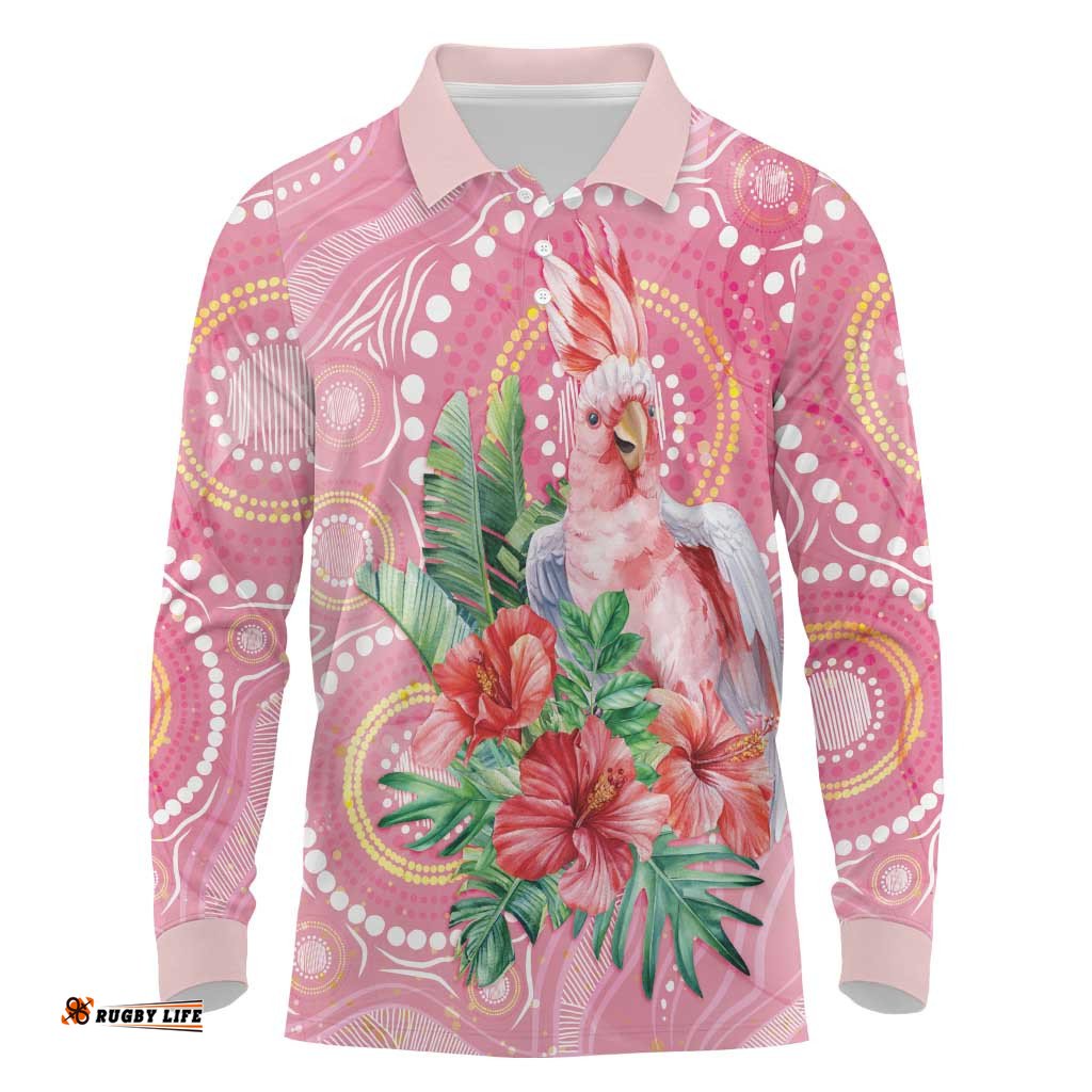 Breast Cancer Pink Cockatoo Long Sleeve Polo Shirt Australia Indigenous Watercolor Glaze LT7
