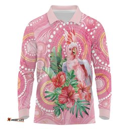 Breast Cancer Pink Cockatoo Long Sleeve Polo Shirt Australia Indigenous Watercolor Glaze LT7