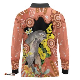 Australia Tawny Frogmouth Long Sleeve Polo Shirt Golden Wattle Banksia Aboriginal Art LT14