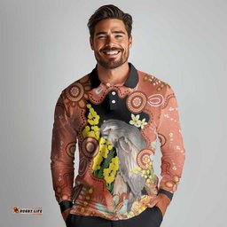 Australia Tawny Frogmouth Long Sleeve Polo Shirt Golden Wattle Banksia Aboriginal Art LT14
