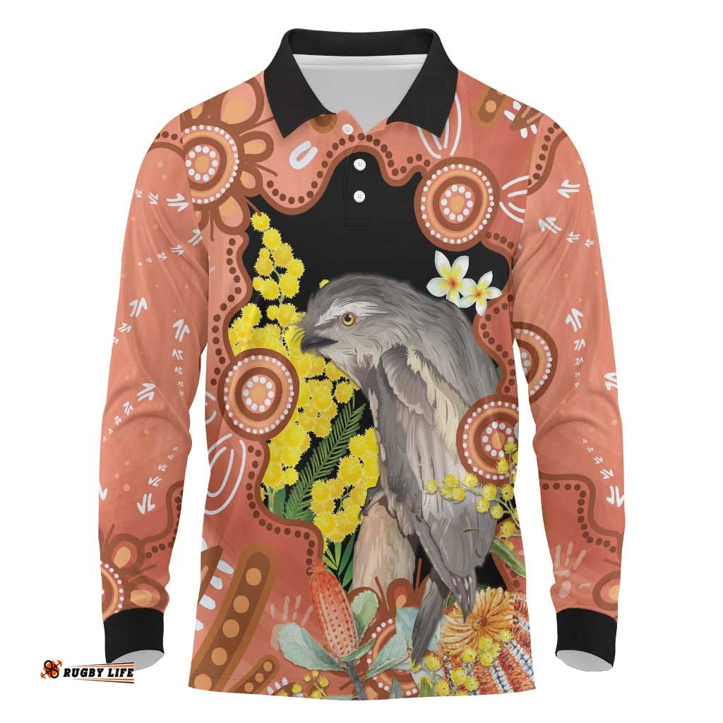 Australia Tawny Frogmouth Long Sleeve Polo Shirt Golden Wattle Banksia Aboriginal Art LT14