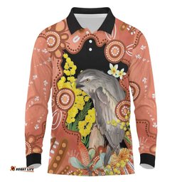 Australia Tawny Frogmouth Long Sleeve Polo Shirt Golden Wattle Banksia Aboriginal Art LT14