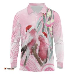 Australia Funny Pink Galah Christmas Long Sleeve Polo Shirt Aboriginal Eucalyptus Blossoms Watercolor LT14