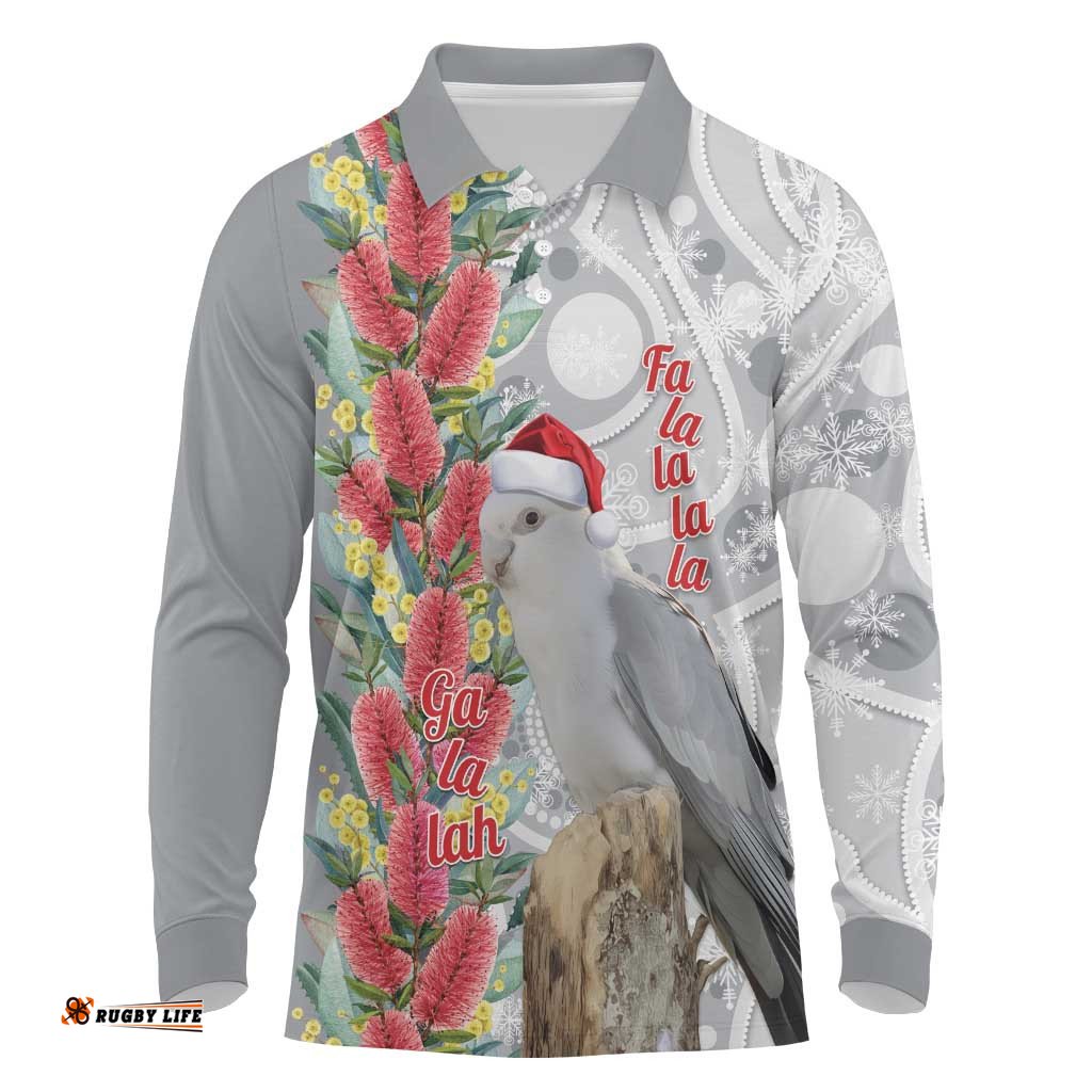 Blue Galah Mutation Christmas Australia Long Sleeve Polo Shirt Falalalala Galalah Bottlebrush Grey Aboriginal Art LT14