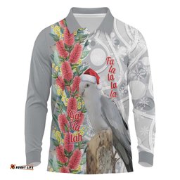 Blue Galah Mutation Christmas Australia Long Sleeve Polo Shirt Falalalala Galalah Bottlebrush Grey Aboriginal Art LT14