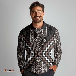 Classic Tukutuku Pattern Aotearoa Long Sleeve Polo Shirt Niho Taniwha and Puhoro Motifs LT7