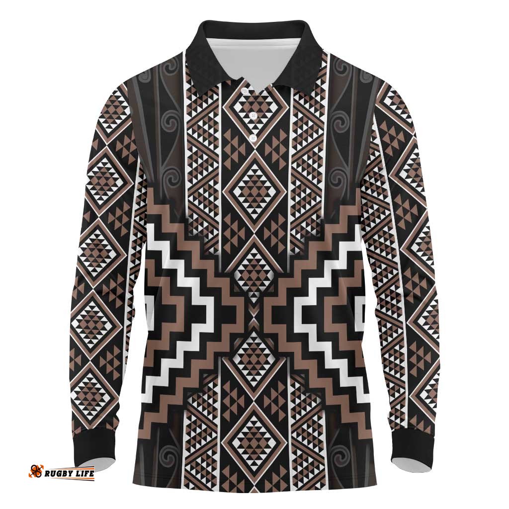 Classic Tukutuku Pattern Aotearoa Long Sleeve Polo Shirt Niho Taniwha and Puhoro Motifs LT7
