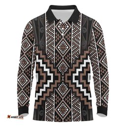 Classic Tukutuku Pattern Aotearoa Long Sleeve Polo Shirt Niho Taniwha and Puhoro Motifs LT7