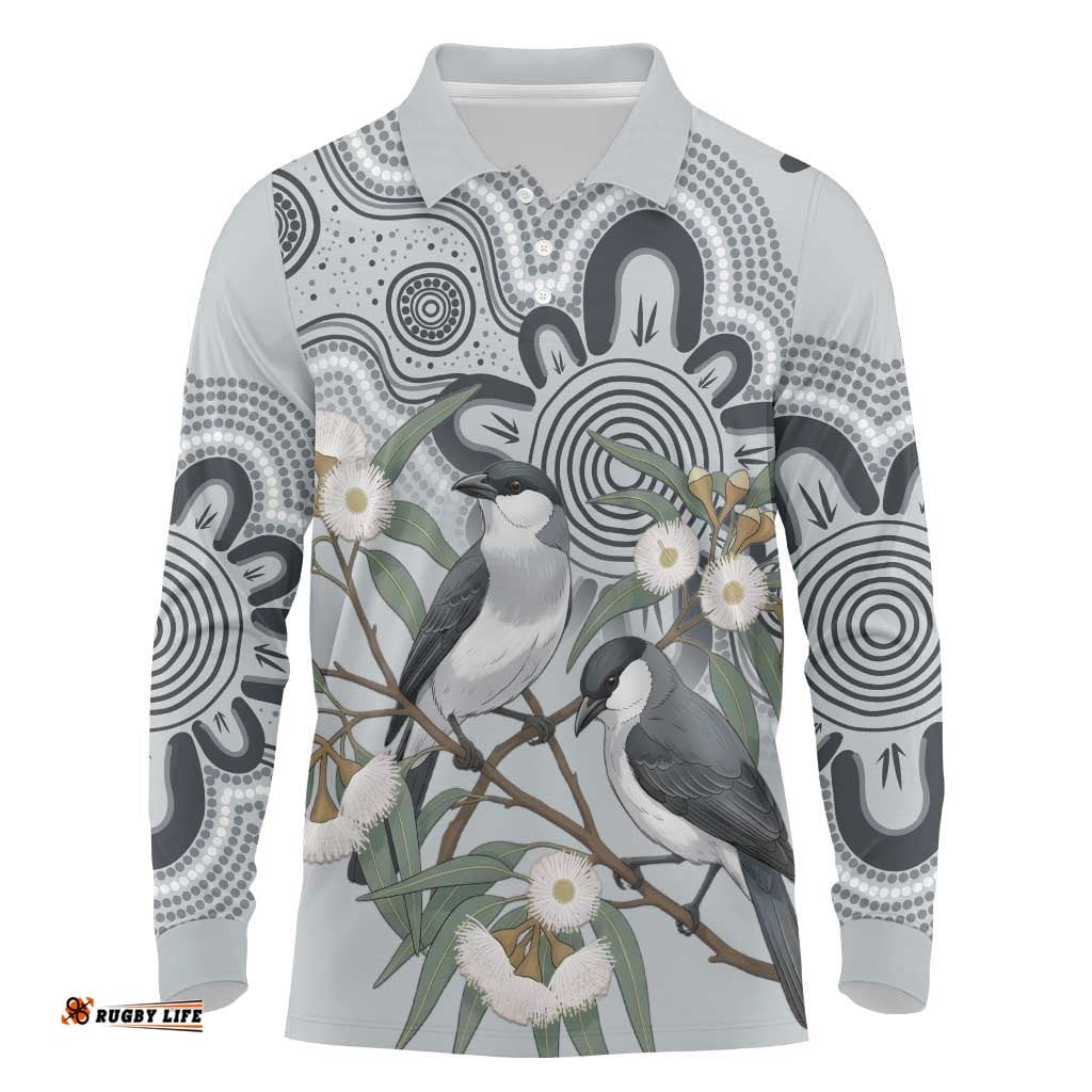 Australia Grey Butcherbird Long Sleeve Polo Shirt Eucalyptus Alba Indigenous Art LT14